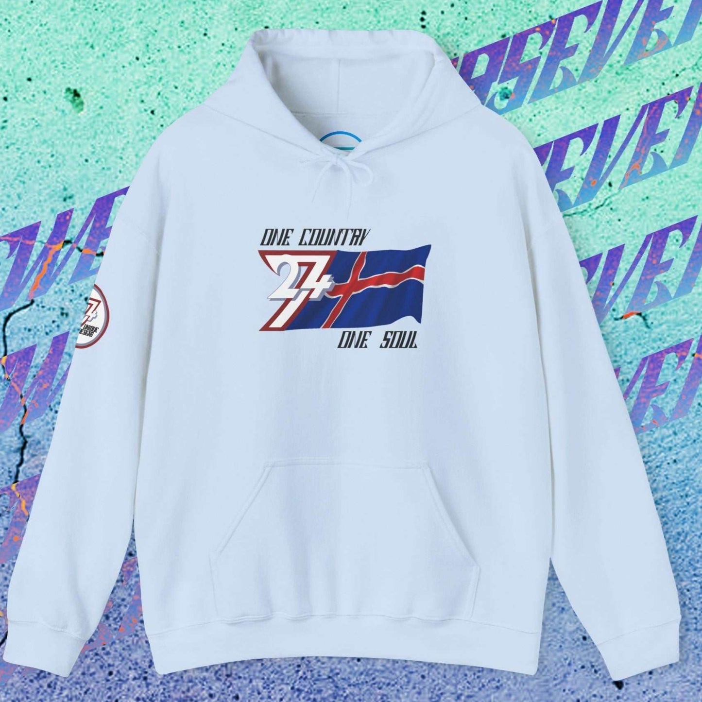 Full product shot of the Light Blue Iceland flag hoodie showcasing the hand-drawn artwork.