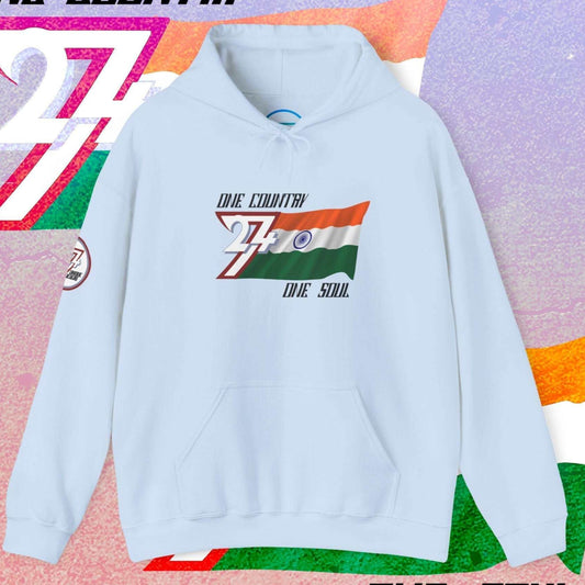 Full product shot of the Light Blue India flag hoodie showcasing the hand-drawn artwork.