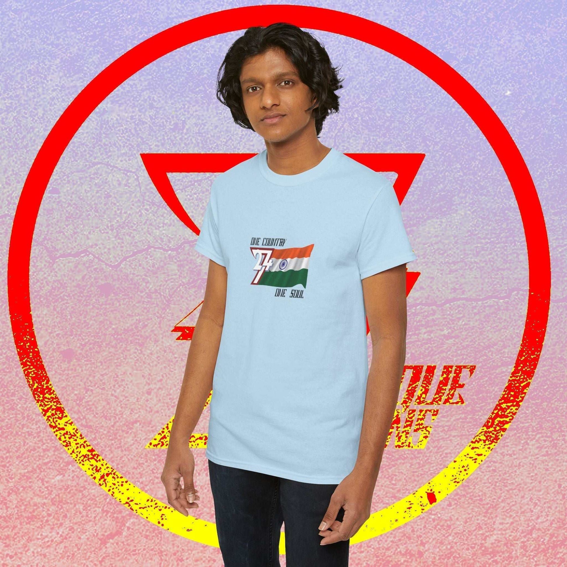 Male model wearing the India "Bharat" edition tee in light blue, showing a modern streetwear fit for Indian pride.