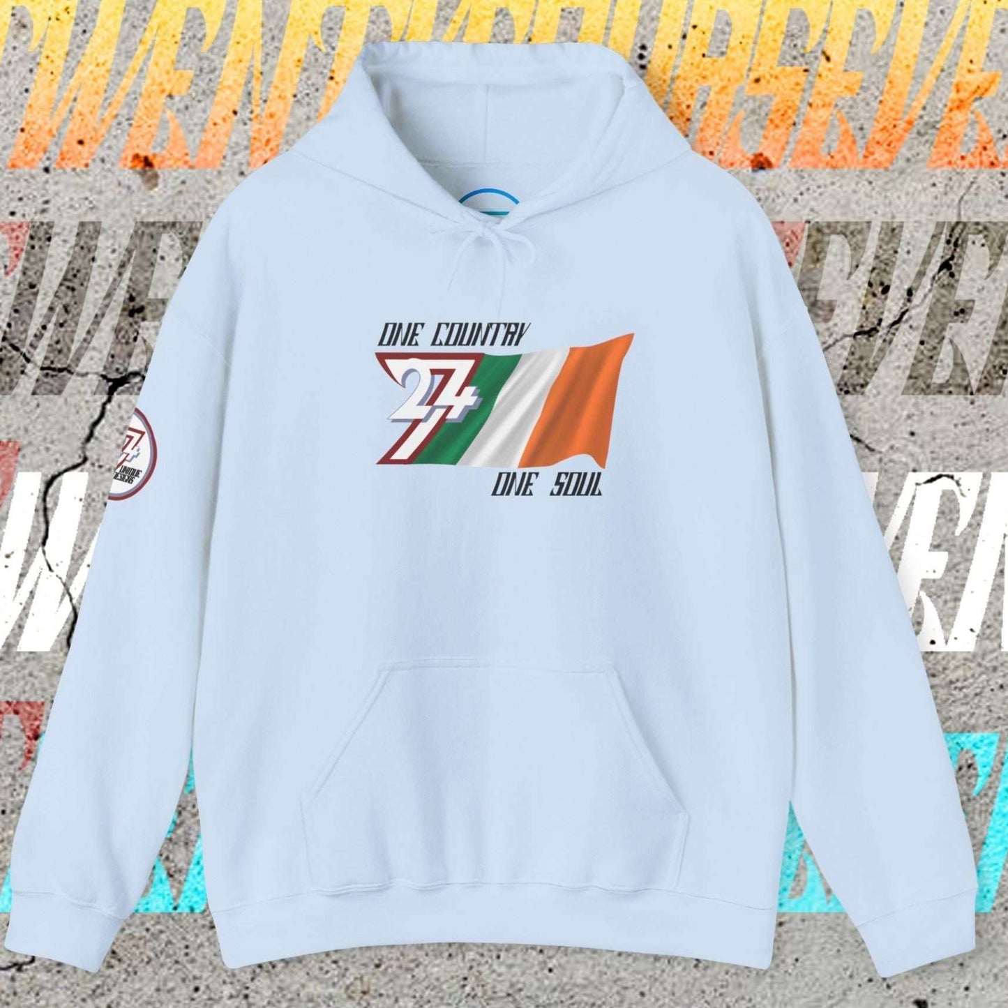 Full product shot of the Light Blue Ireland flag hoodie showcasing the hand-drawn artwork.