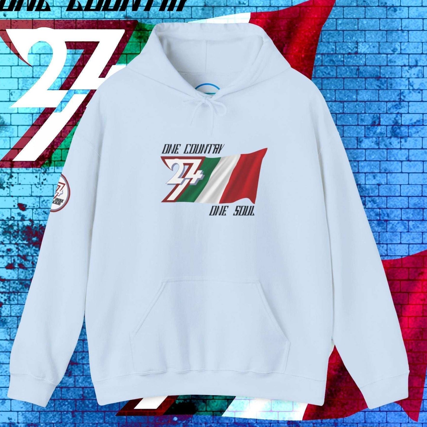 Full product shot of the Light Blue Italy flag hoodie showcasing the hand-drawn artwork.