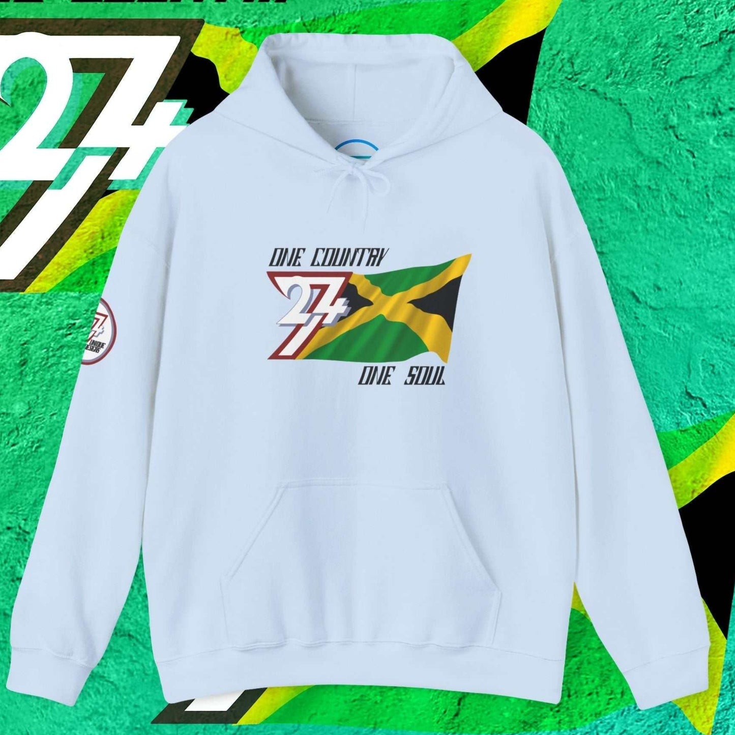 Full product shot of the Light Blue Jamaica flag hoodie showcasing the hand-drawn artwork.