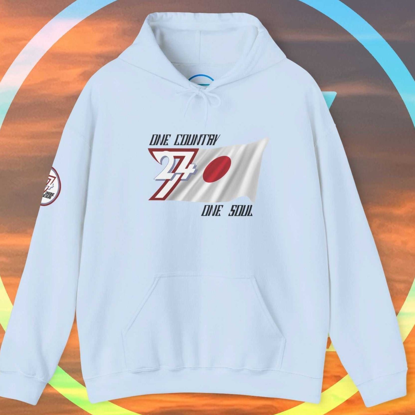 Full product shot of the Light Blue Japan flag hoodie showcasing the hand-drawn artwork.