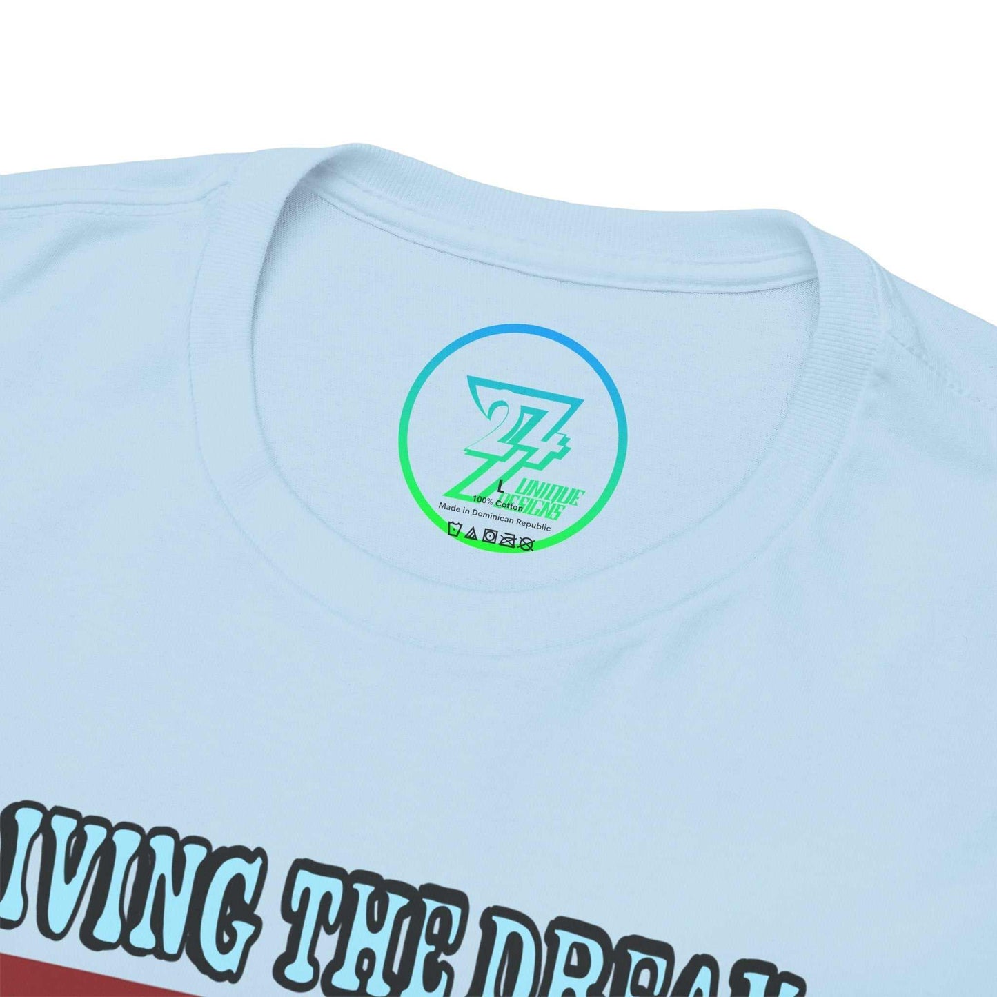 Close-up of the durable ribbed crew neckline on the light blue Living The Dream fox tee, highlighting the seamless construction.