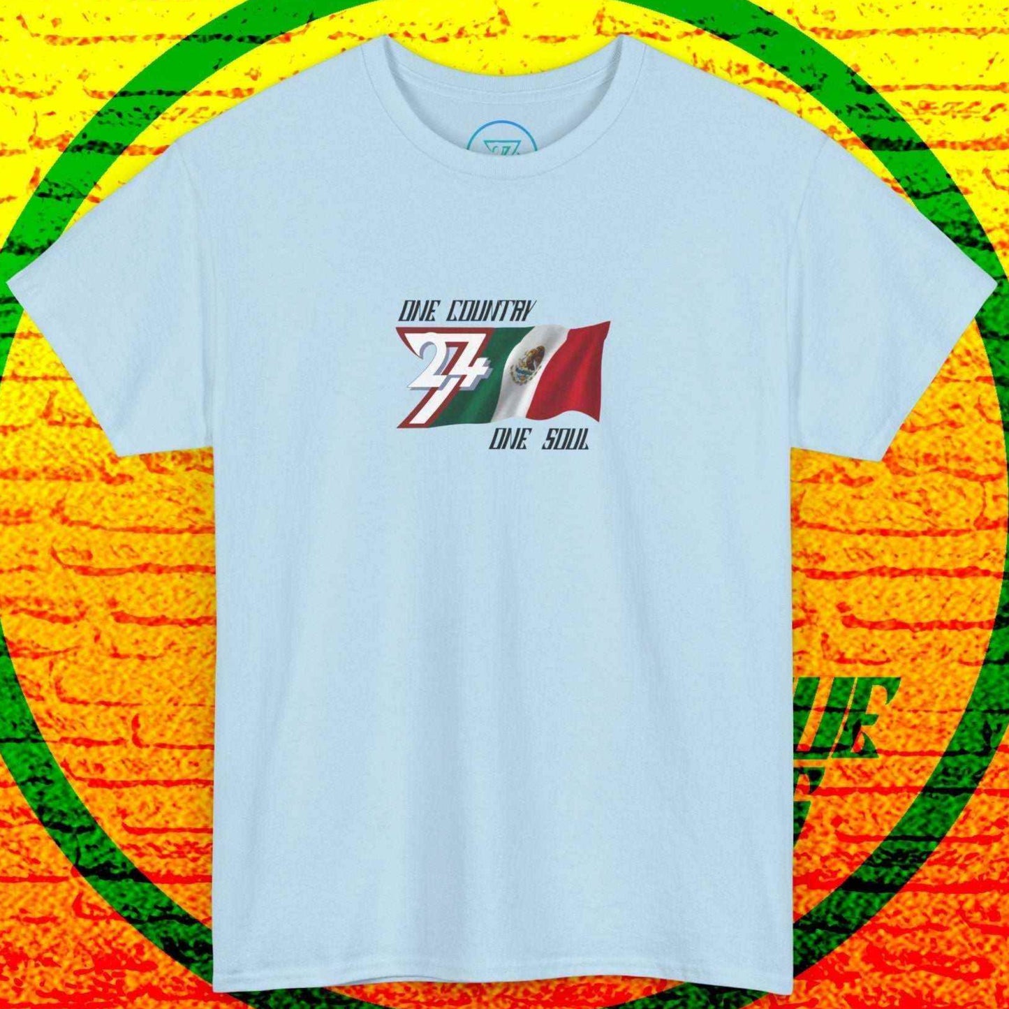 Front perspective of the premium Light Blue Mexico flag shirt with a refined hand-drawn finish and "One Country One Soul" text.