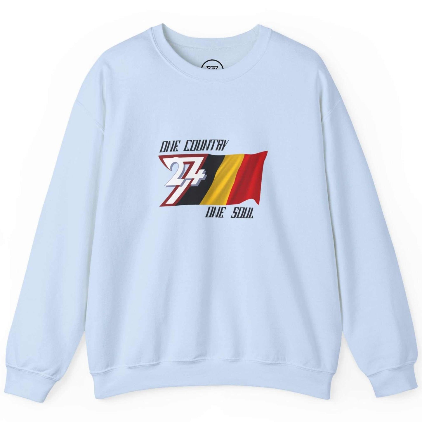 Solid light blue national pride crewneck displaying the one country one soul typography.