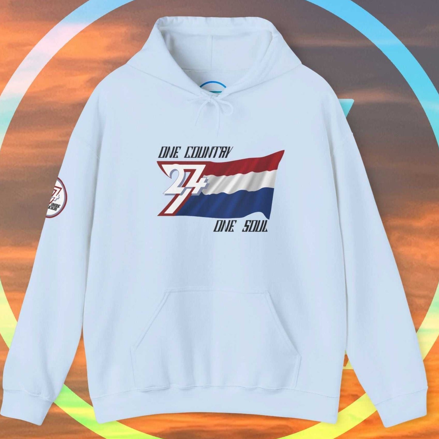 Full product shot of the Light Blue Netherlands flag hoodie showcasing the hand-drawn artwork.