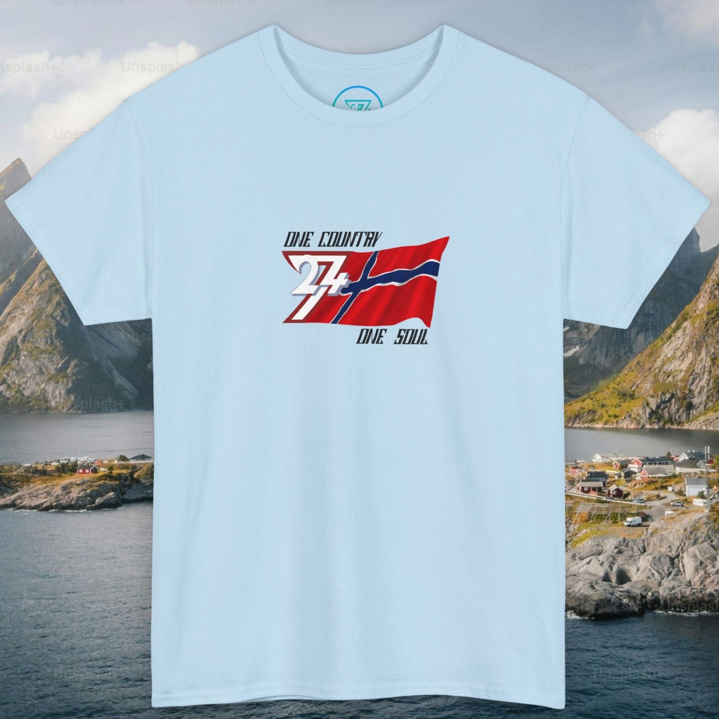 Light blue cotton tee showing the hand-drawn Norwegian flag illustration for gifting.