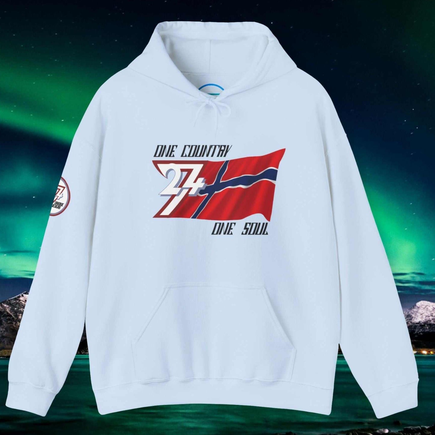 Full product shot of the Light Blue Norway flag hoodie showcasing the hand-drawn artwork.