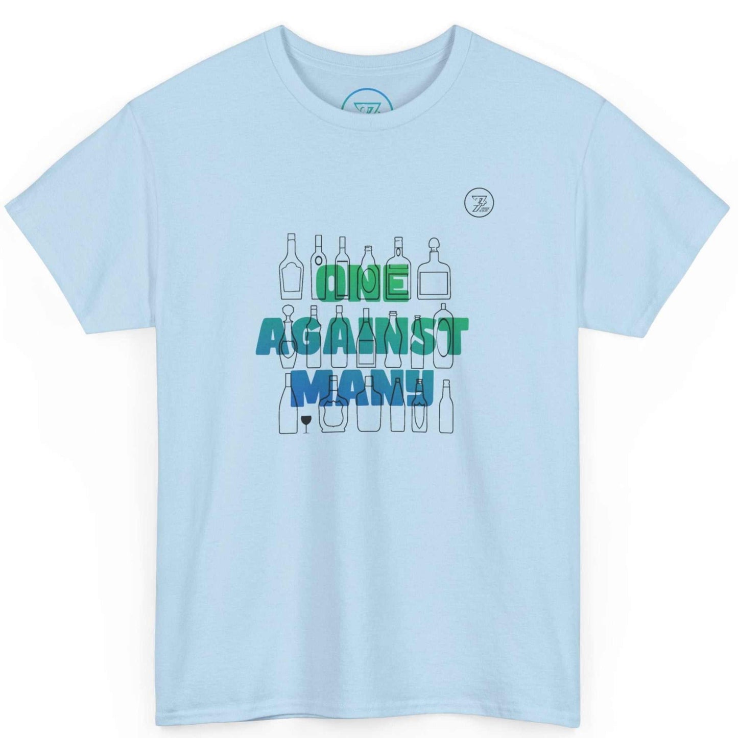 Light blue One Against Many art shirt showcasing the hand-drawn bottle illustrations, laid flat.