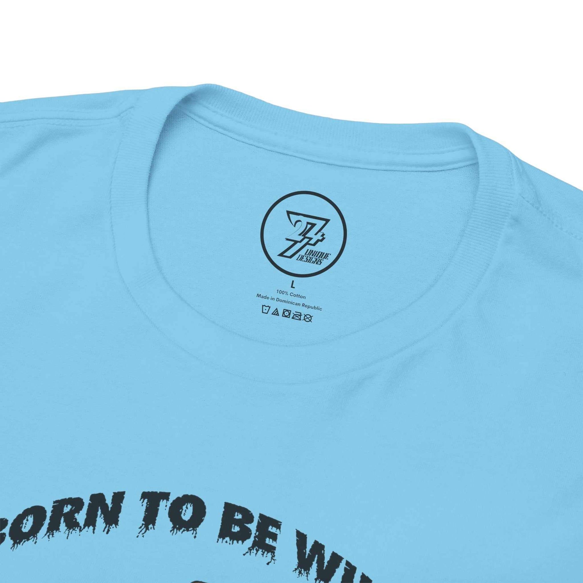 Close up of the shape-retaining ribbed knit neckline on the light blue outdoor adventures tee.