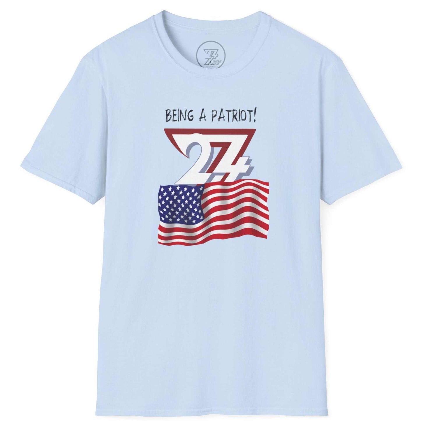 Light blue 24/7 patriotism apparel displaying the waving flag graphic, shown on a clean background.