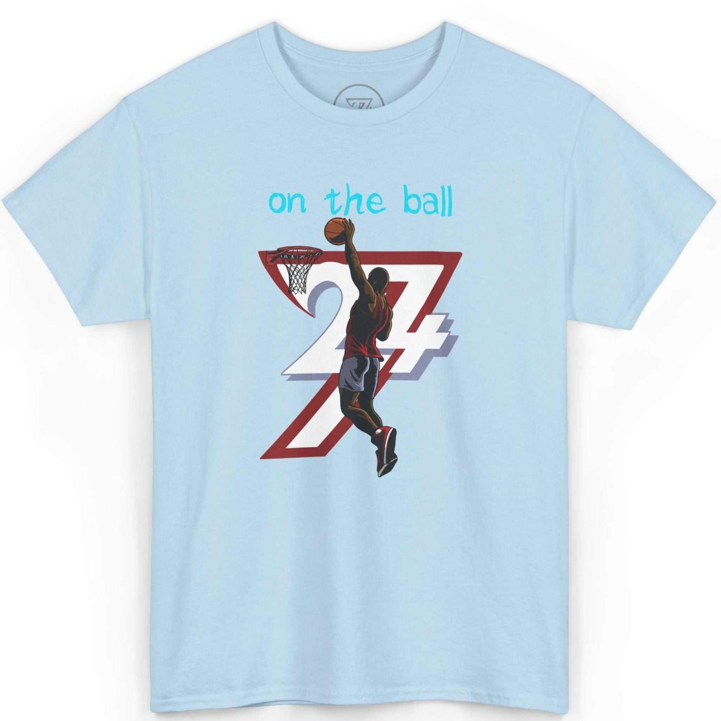Front view of a light blue pickup game apparel shirt showcasing the crisp digital comic illustration, laid flat.