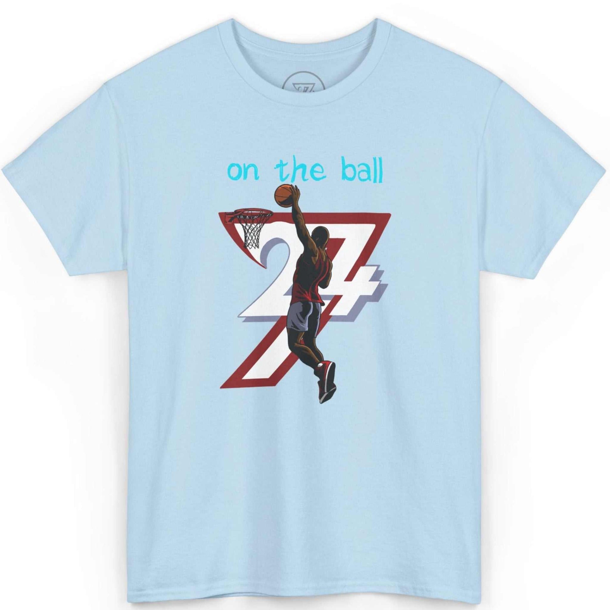 Front view of a light blue pickup game apparel shirt showcasing the crisp digital comic illustration, laid flat.