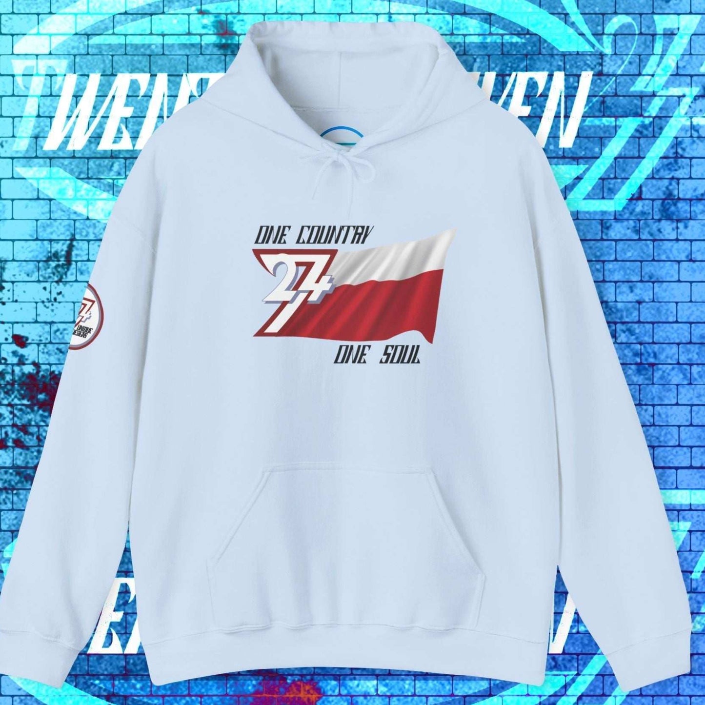 Full product shot of the Light Blue Poland flag hoodie showcasing the hand-drawn artwork.