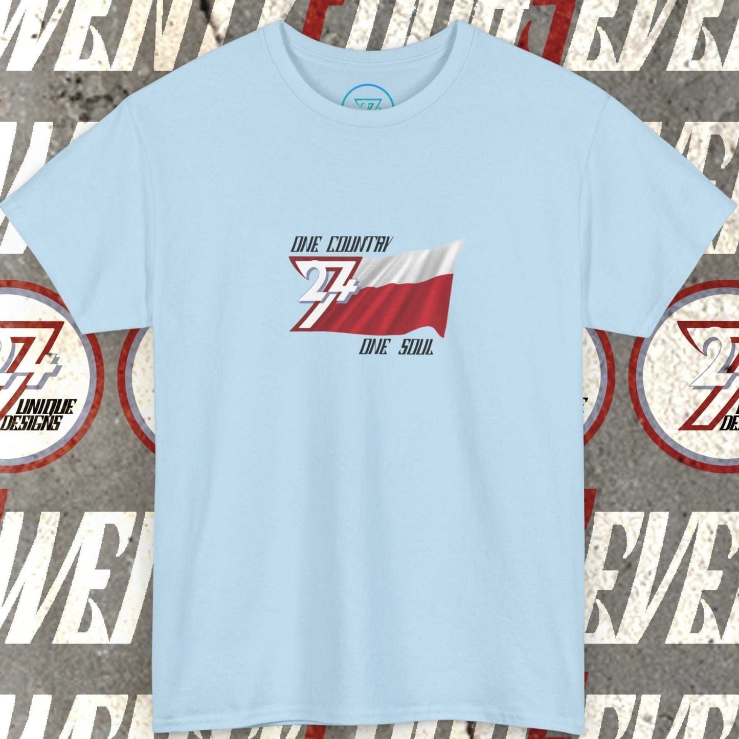 Front view of a light blue graphic t-shirt featuring a digitally hand-drawn Poland flag design.