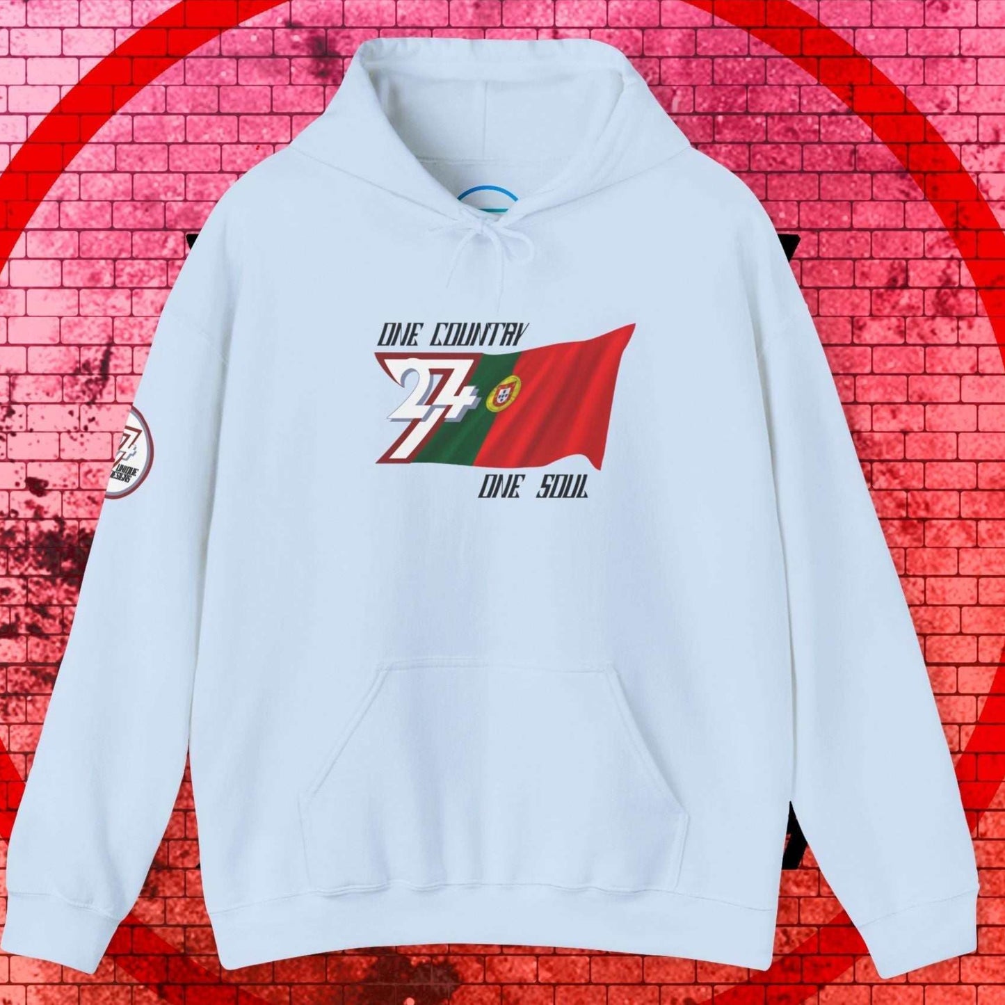 Full product shot of the Light Blue Portugal flag hoodie showcasing the hand-drawn artwork.