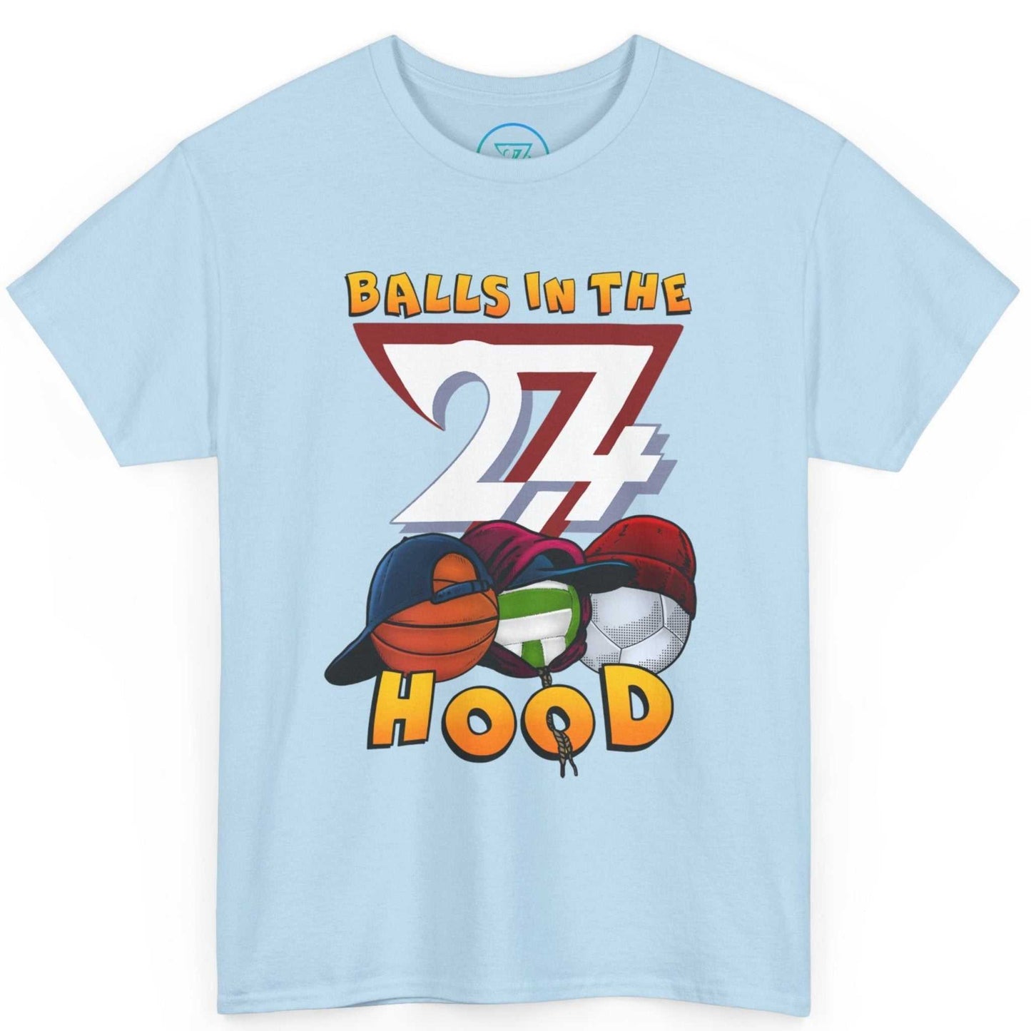 Light blue premium custom printed tee showcasing the unique basketball and football graphic.