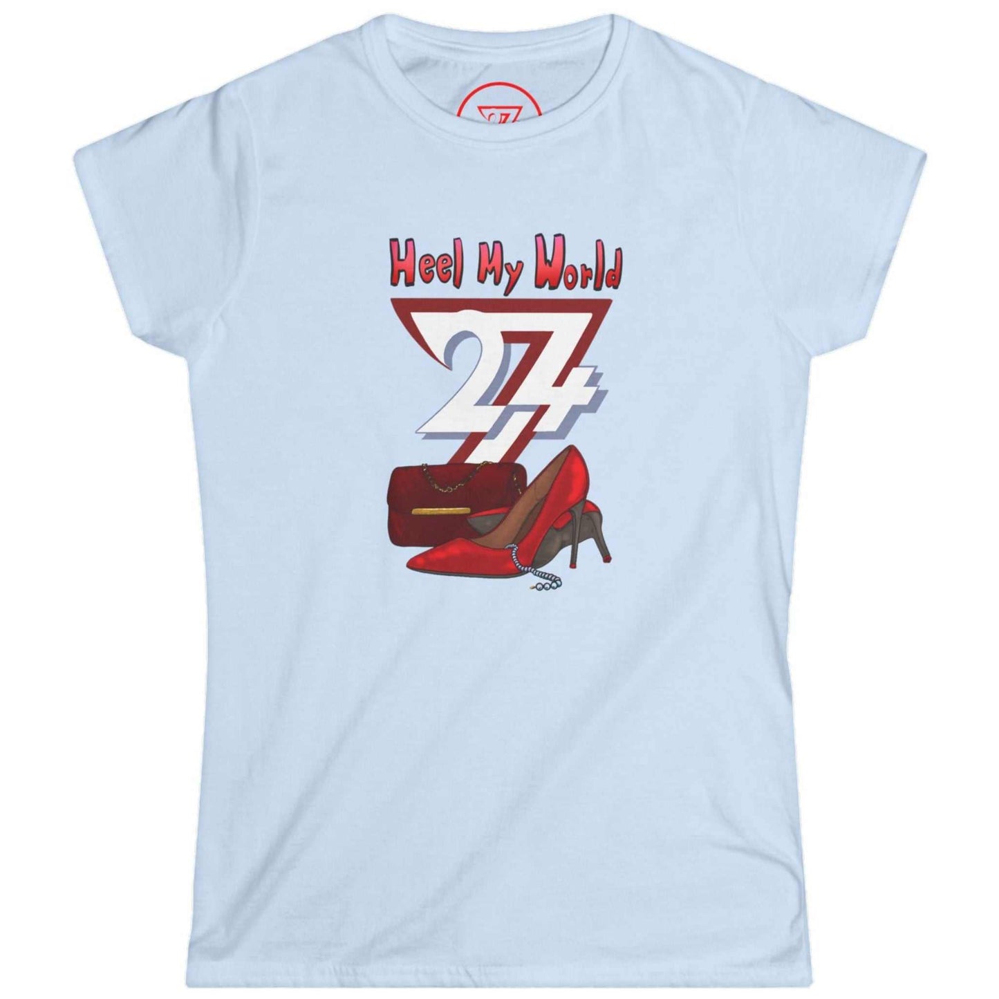 Light blue retail therapy shirt displaying the 'Heel My World' fashion illustration, laid flat.
