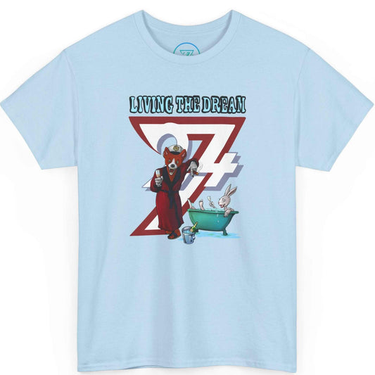 Light blue retro mansion party apparel showcasing the vibrant 24/7 background graphic, laid flat.