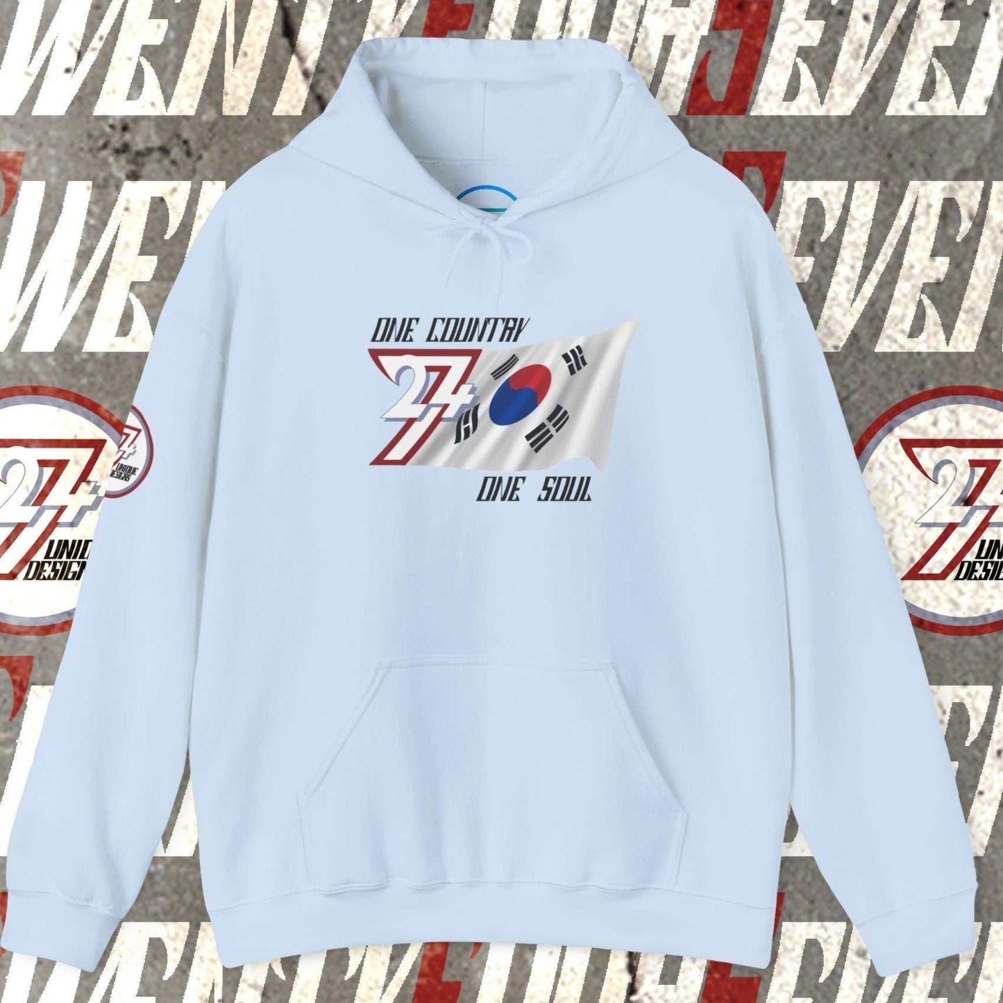 Full product shot of the Light Blue South Korea flag hoodie showcasing the hand-drawn artwork.