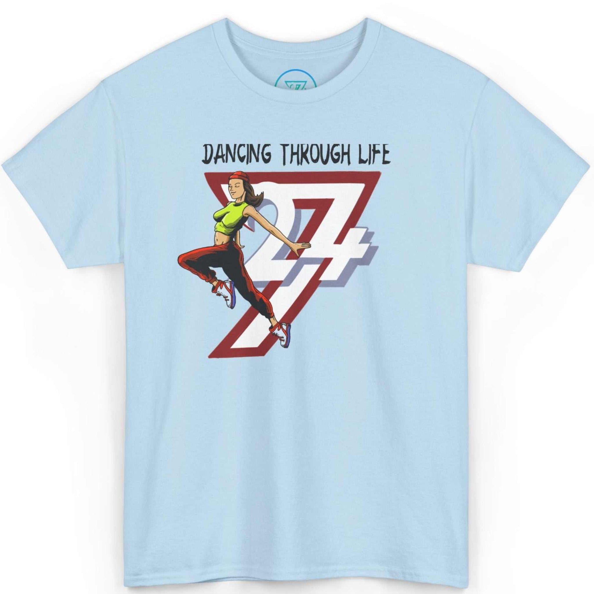 Front view of a light blue street dance graphic tee highlighting the hand-illustrated comic art, displayed on a clean background.