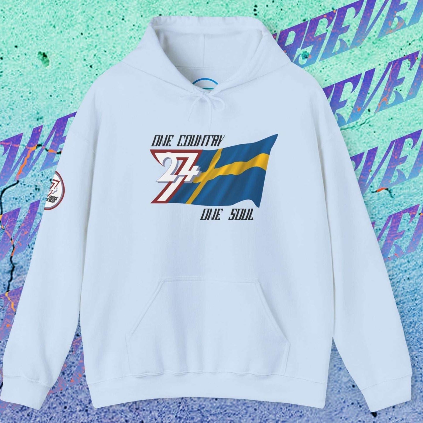 Full product shot of the Light Blue Sweden flag hoodie showcasing the hand-drawn artwork.