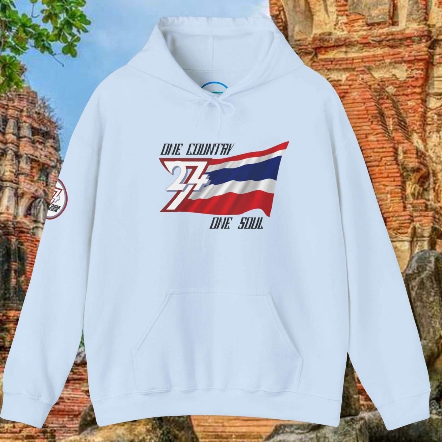 Full product shot of the Light Blue Thailand flag hoodie showcasing the hand-drawn artwork.