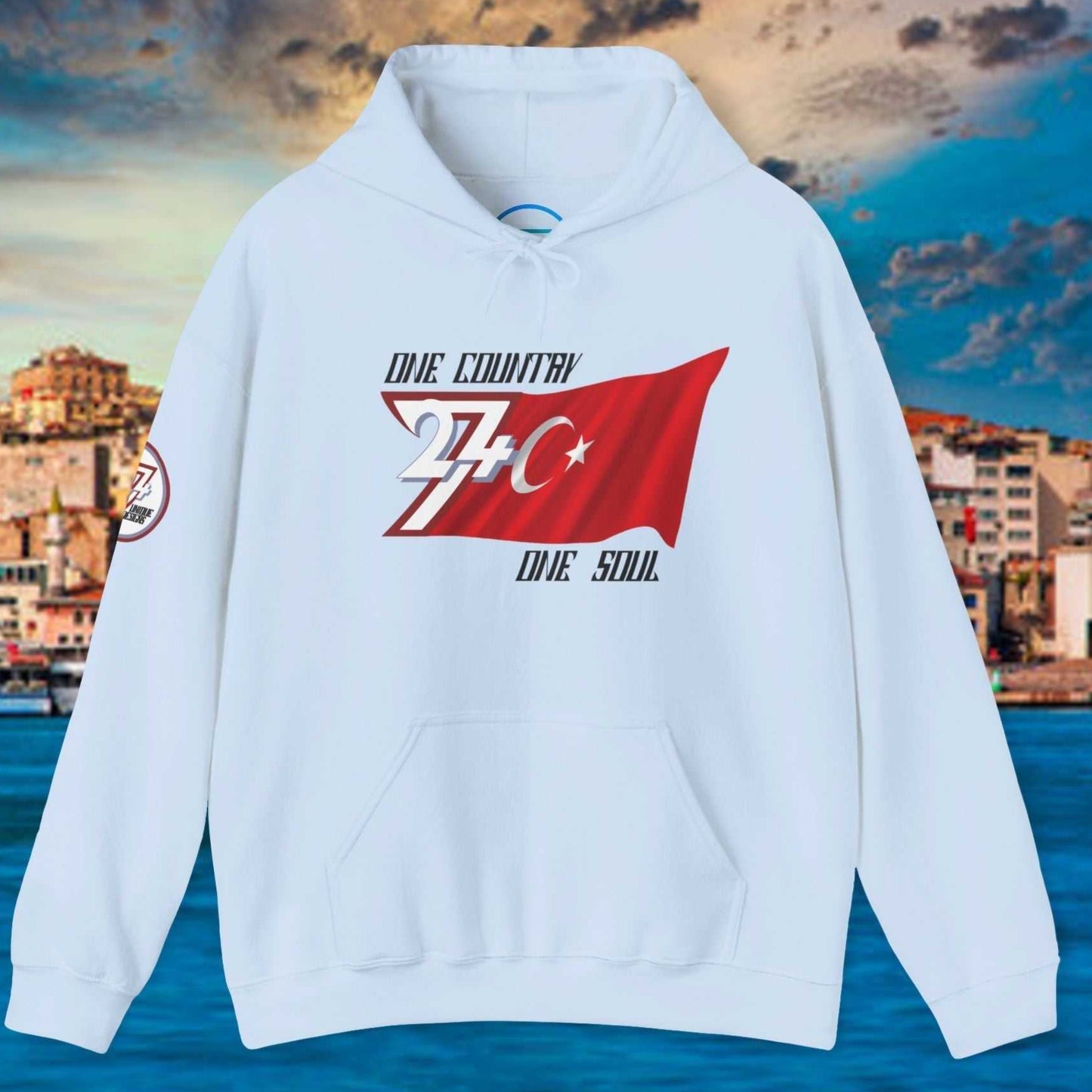 Full product shot of the Light Blue Türkiye flag hoodie showcasing the hand-drawn artwork.