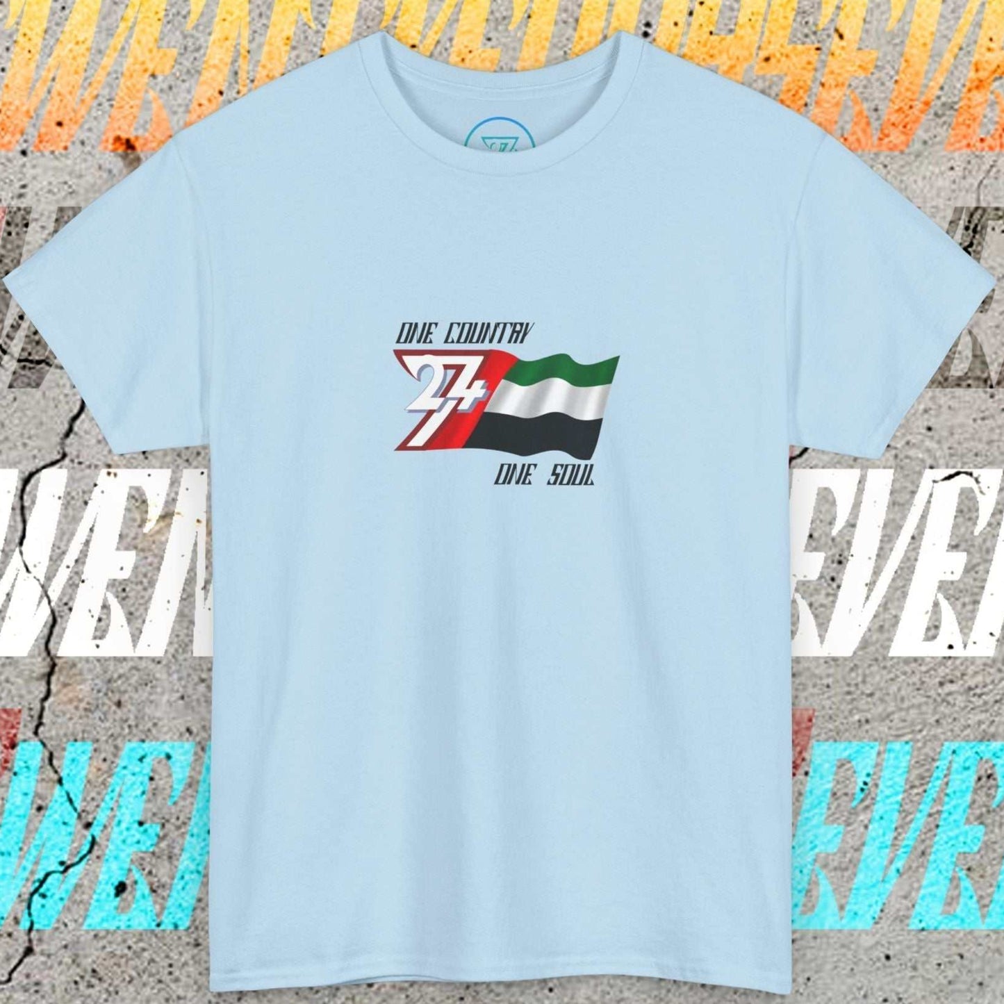 Front perspective of the premium Light Blue UAE flag shirt with a refined hand-drawn finish and "One Country One Soul" text.