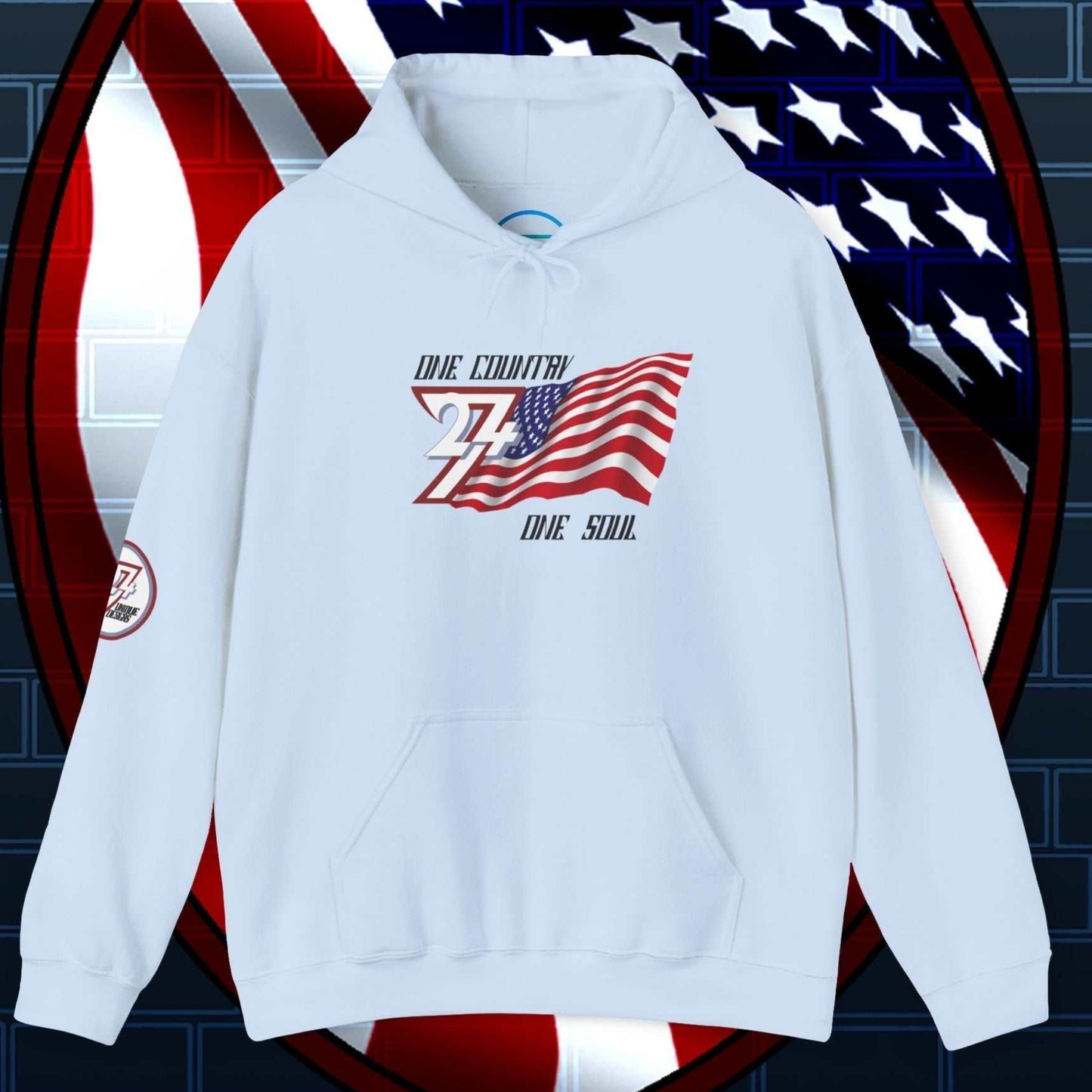 Full product shot of the Light Blue USA flag hoodie showcasing the hand-drawn artwork.