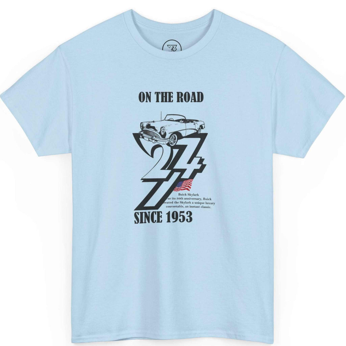 Front view of a light blue vintage Buick tee featuring the classic black convertible illustration, displayed on a clean background.