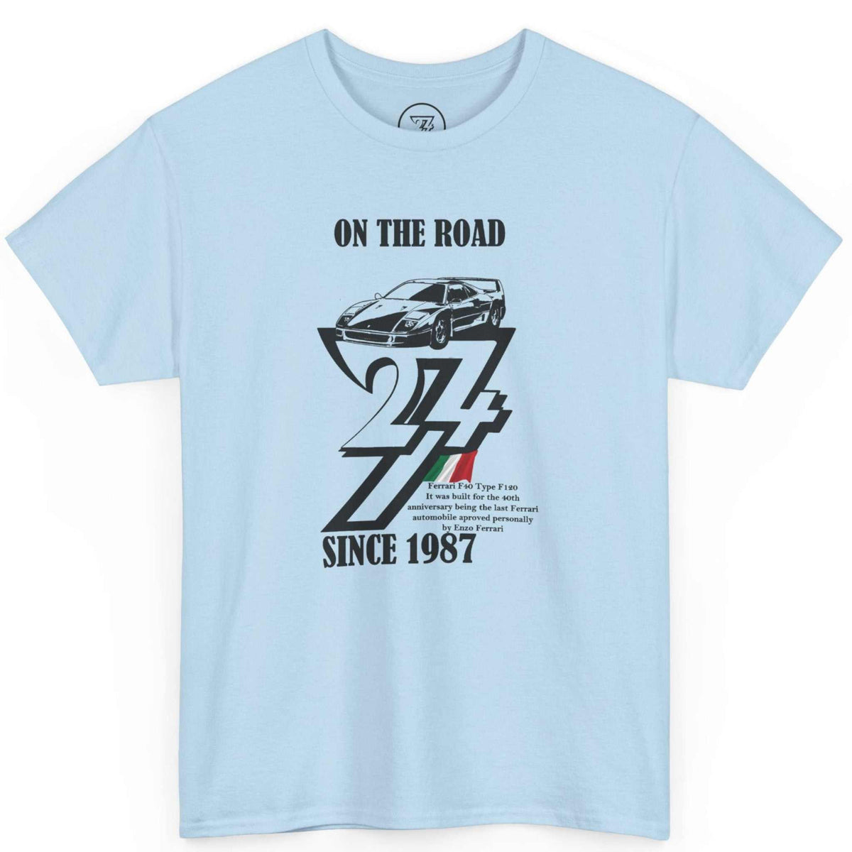 Front view of a light blue vintage Ferrari tee featuring the classic black F40 illustration, displayed on a clean background.