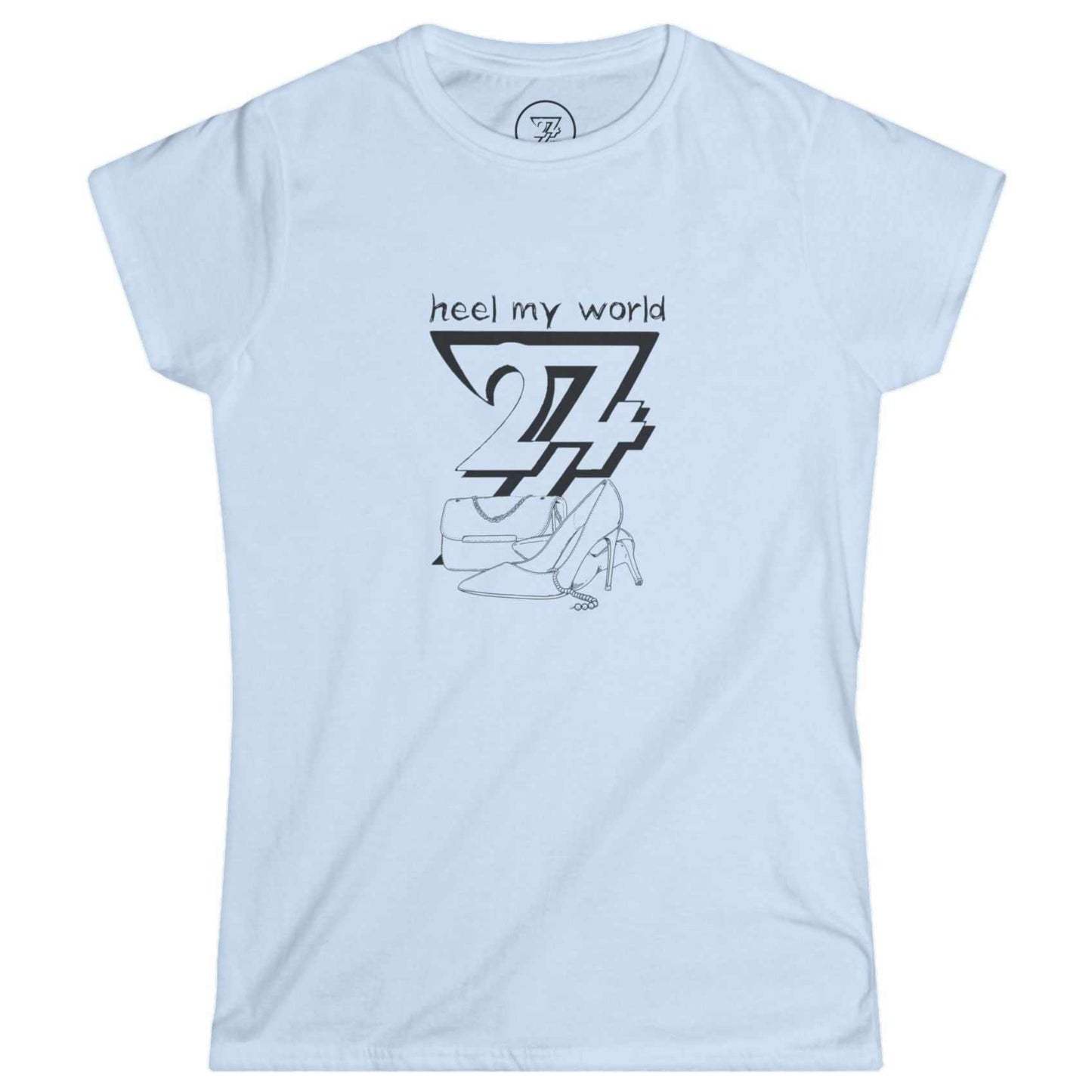 Clean light blue women's chic boutique top showcasing the clever custom pun typography and handbag illustration.