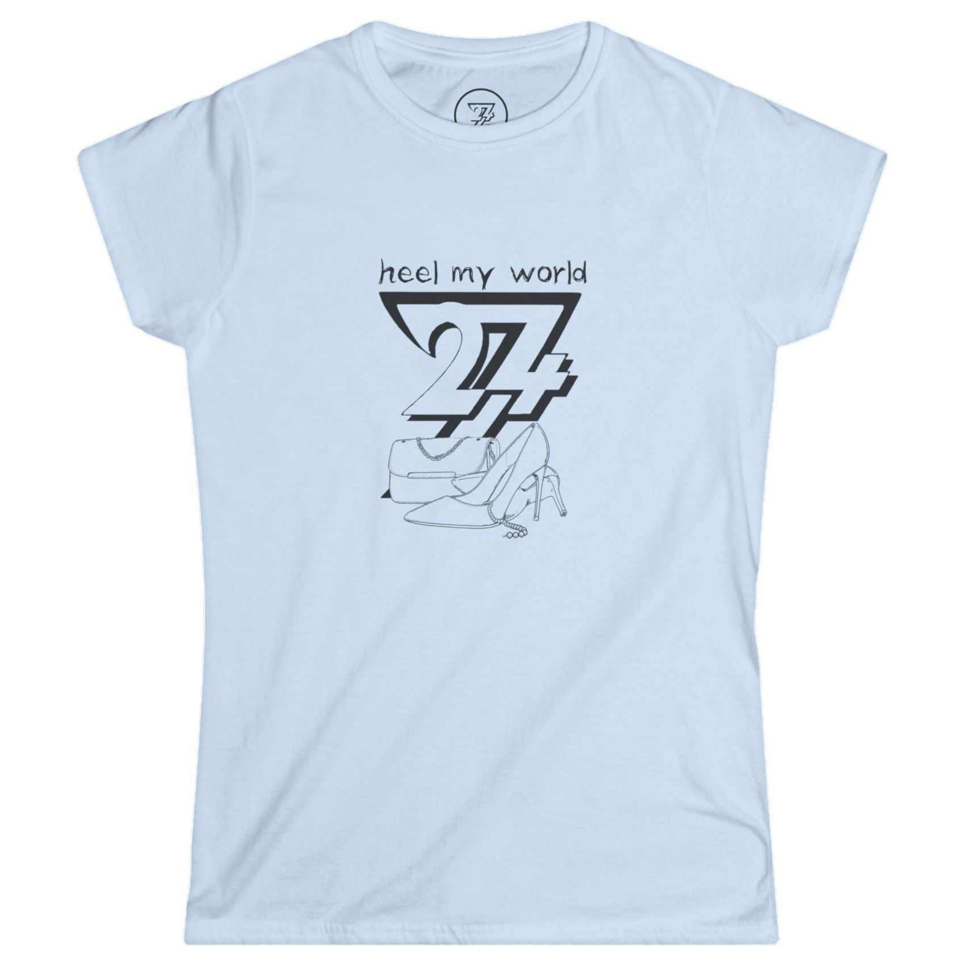 Clean light blue women's chic boutique top showcasing the clever custom pun typography and handbag illustration.