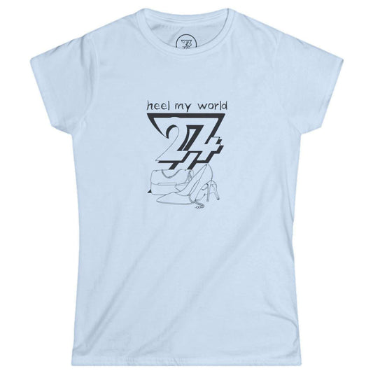 Clean light blue women's chic boutique top showcasing the clever custom pun typography and handbag illustration.
