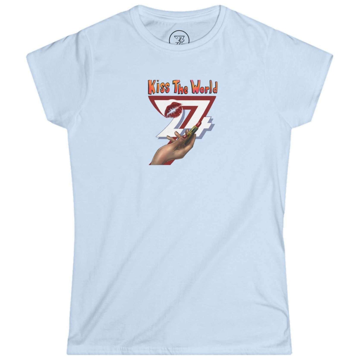 Clean light blue women's confident statement top showcasing the unique 24/7 boutique lipstick kiss graphic.
