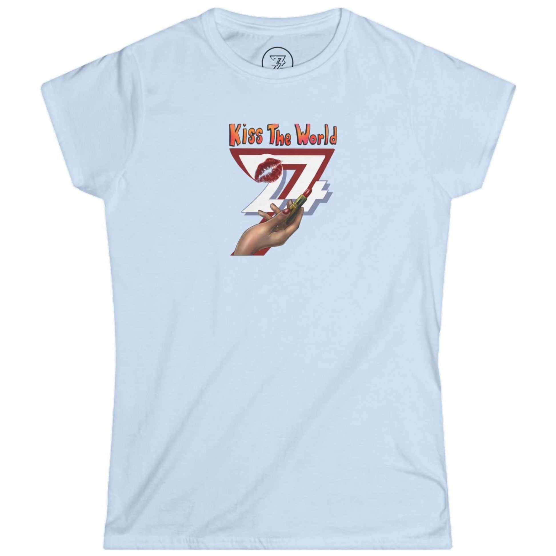 Clean light blue women's confident statement top showcasing the unique 24/7 boutique lipstick kiss graphic.