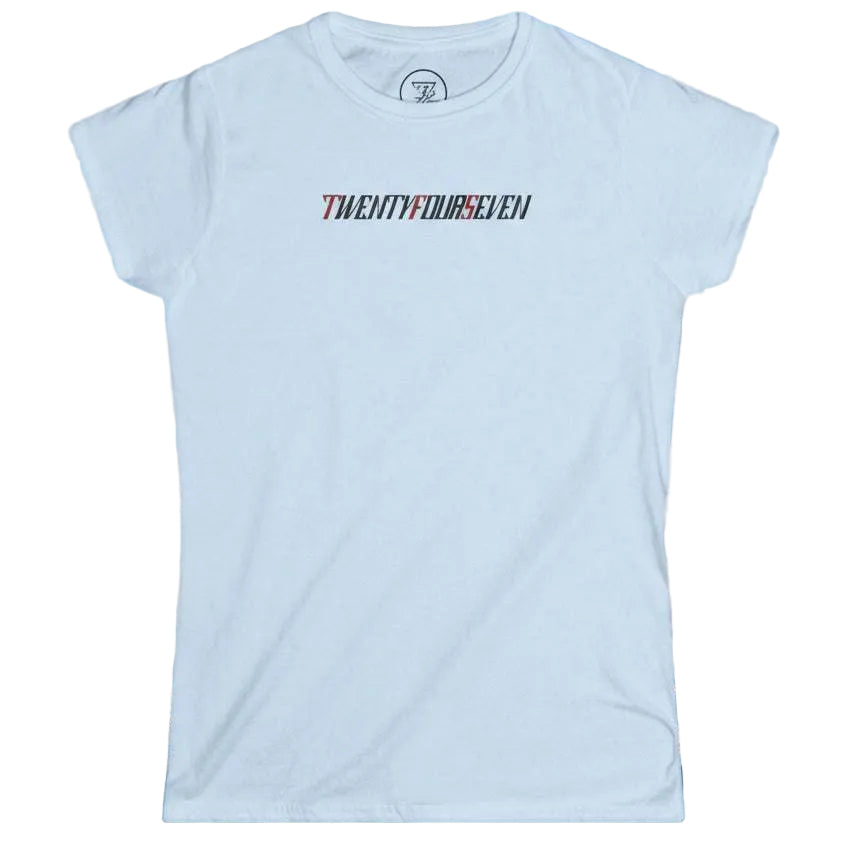 Clean light blue women's spring apparel top showcasing the distinctive boutique text graphic.