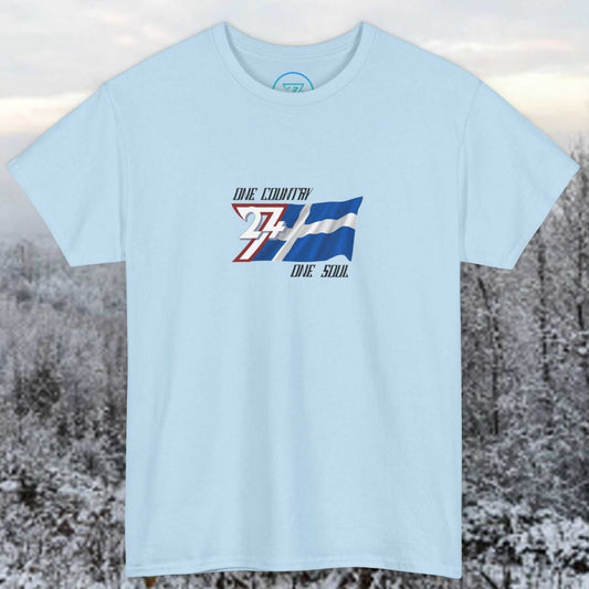 Front perspective of the premium Light Blue Finland flag shirt with a refined hand-drawn finish and "One Country One Soul" text.