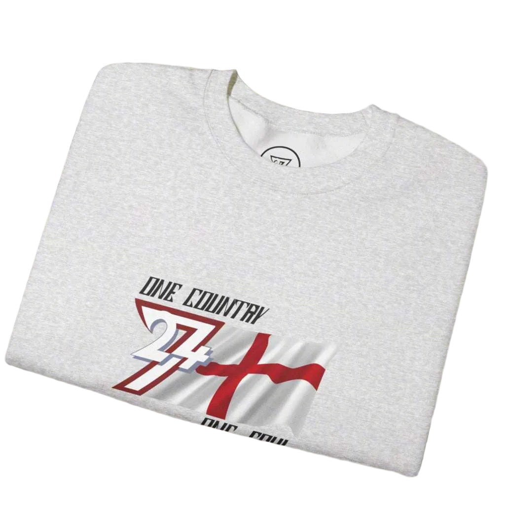 Folded gray England sweatshirt with One Country One Soul slogan and England flag design