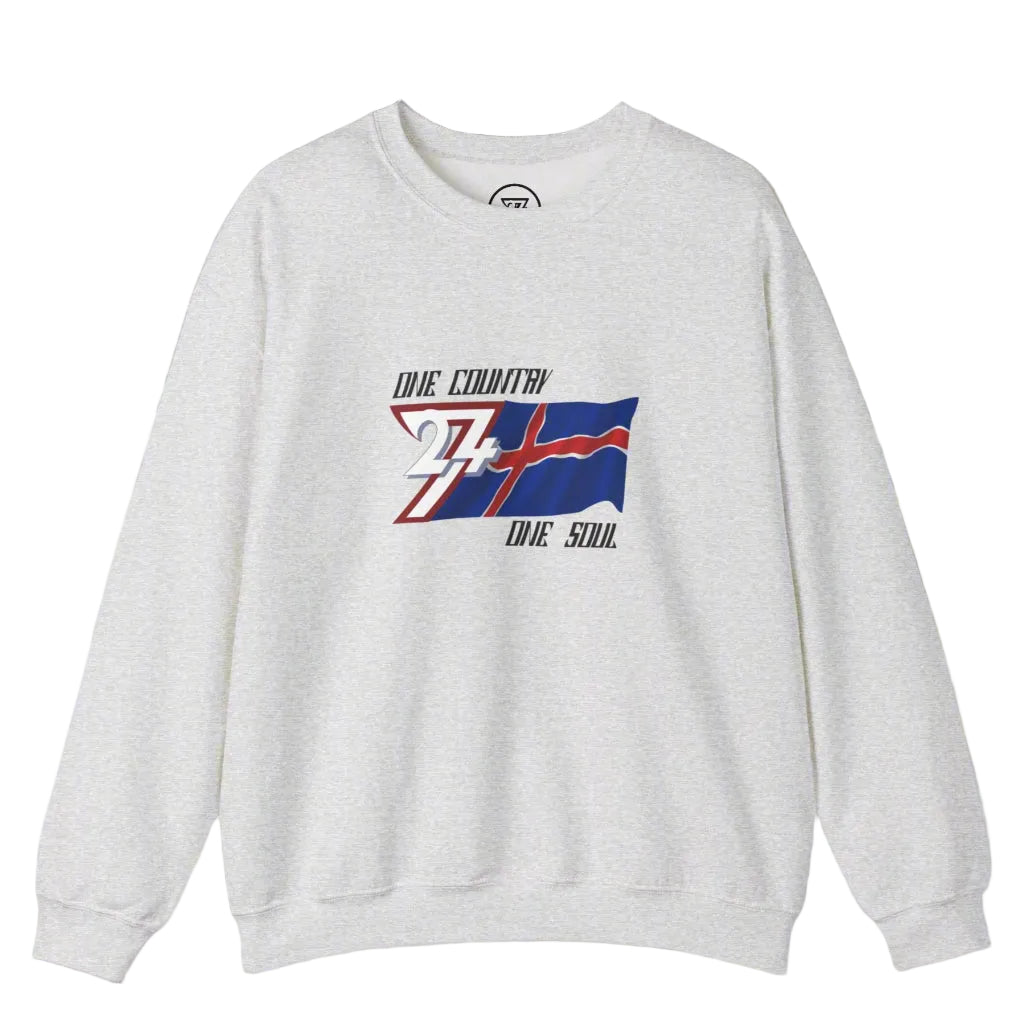 Unisex gray crewneck sweatshirt with hand-drawn Iceland flag and "One country one soul" slogan design