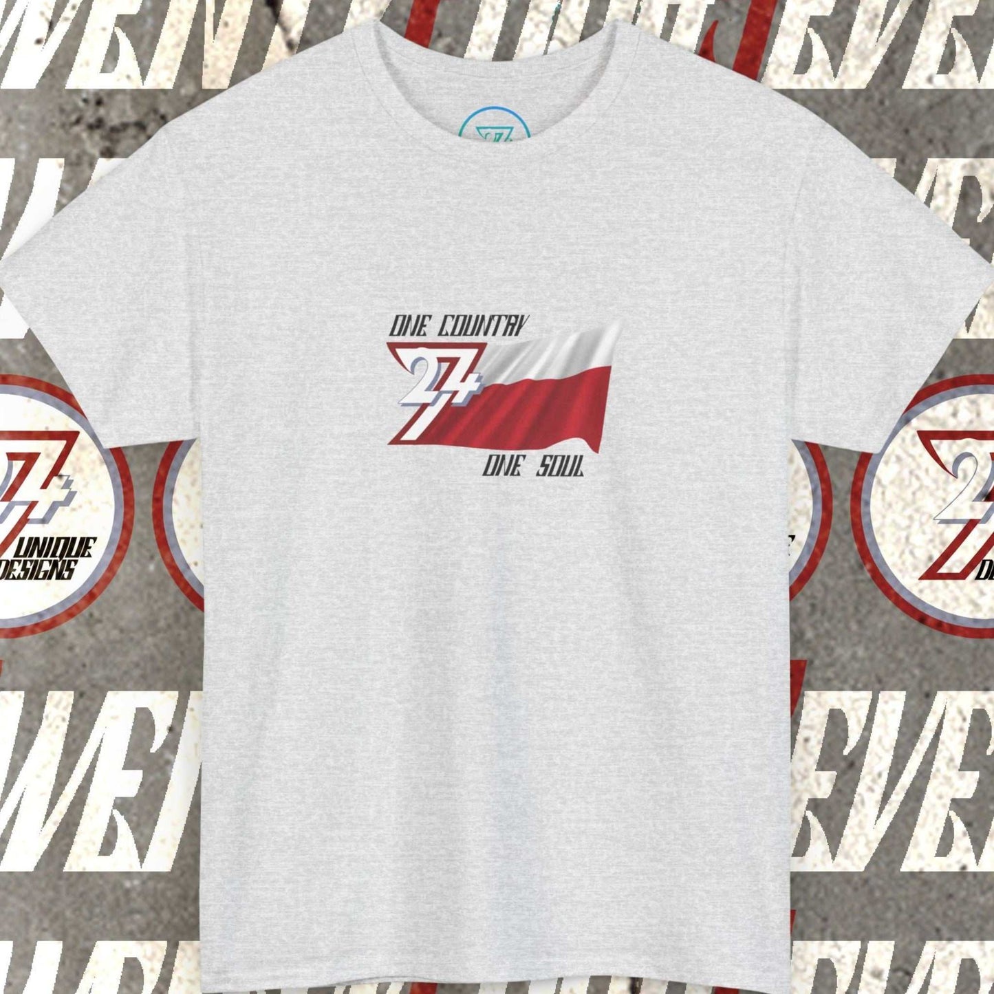 Front view of a light gray graphic t-shirt featuring a digitally hand-drawn Poland flag design.