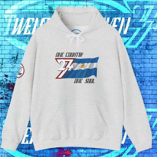 Light Heather Gray Argentina hoodie showing the 60/40 blend and artist-original flag art.