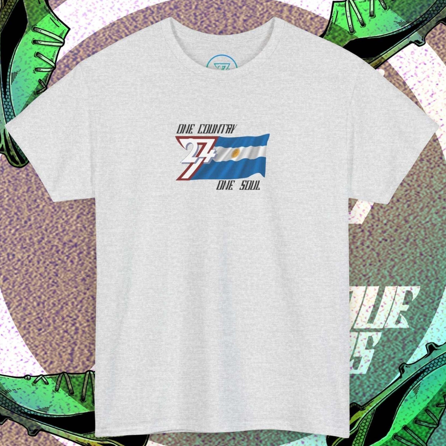 Main product shot of the Light Heather Gray Argentina "Aura" edition tee with clean flag graphics.
