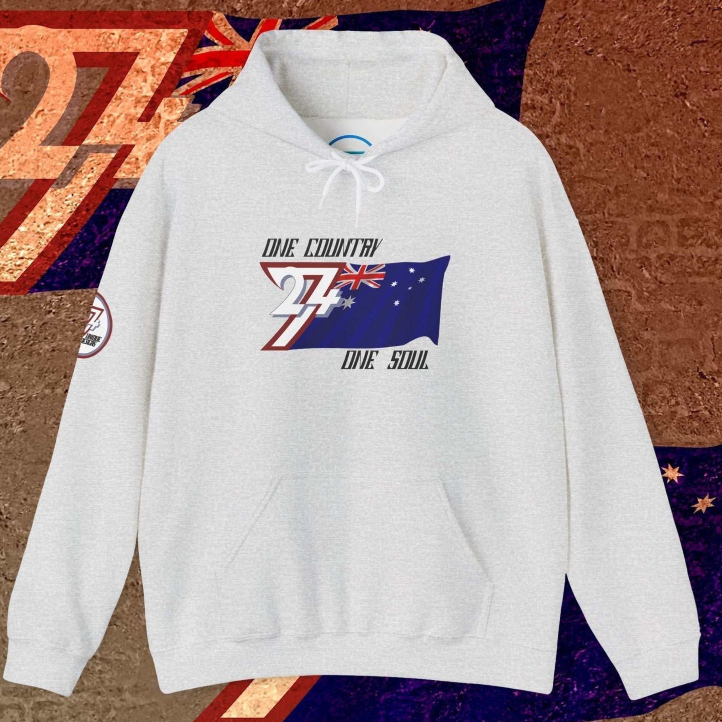 Light Heather Gray Australia hoodie showing the 60/40 blend and artist-original flag art.
