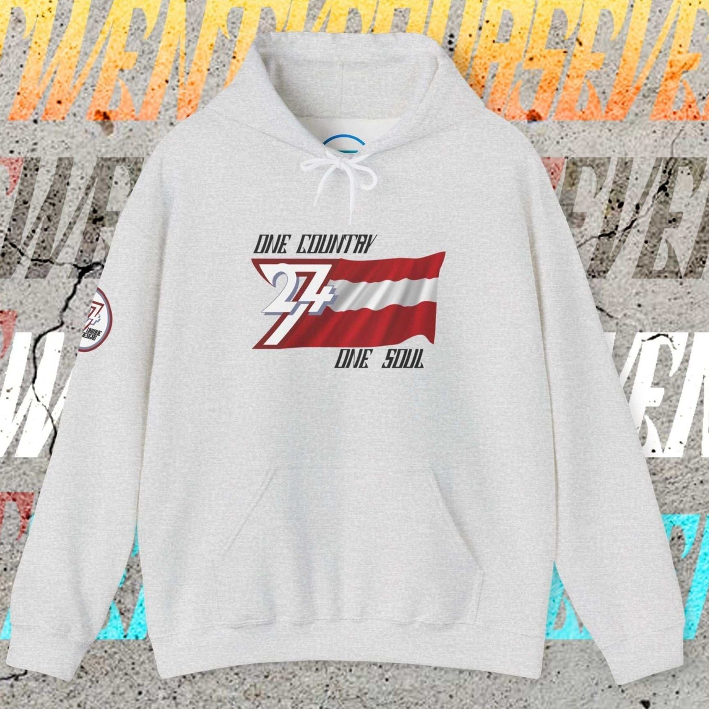 Light Heather Gray Austria hoodie showing the 60/40 blend and artist-original flag art.