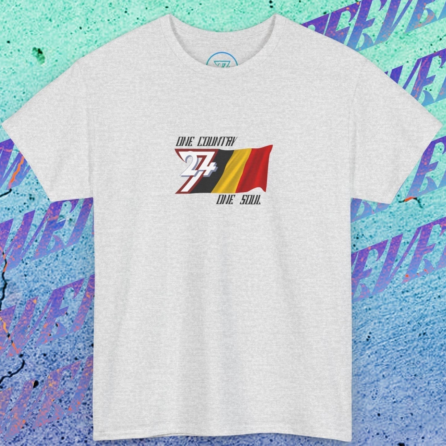 Main product shot of the Light Heather Gray Belgium "Brave" edition tee with clean flag graphics.