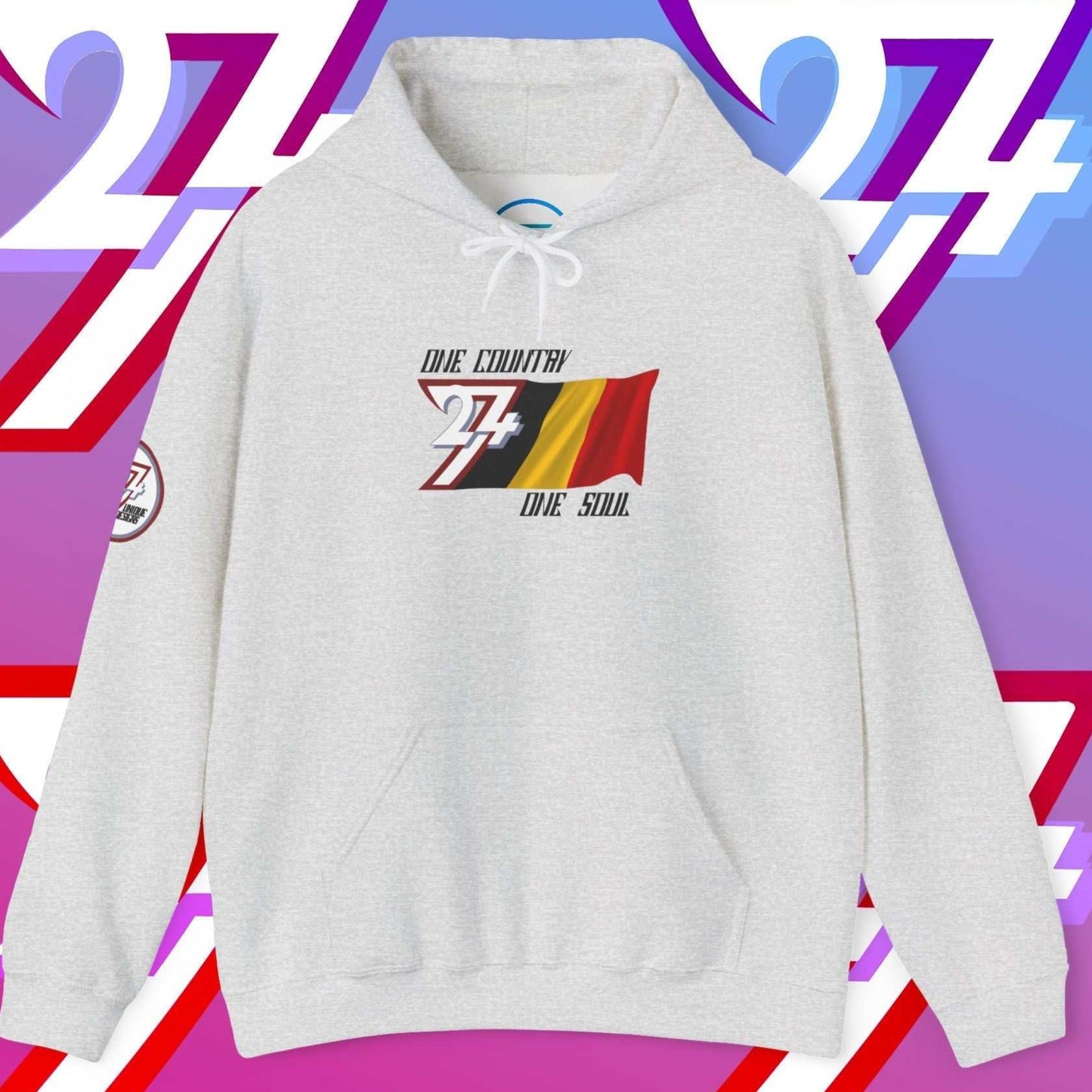 Light Heather Gray Belgium hoodie showing the 60/40 blend and artist-original flag art.