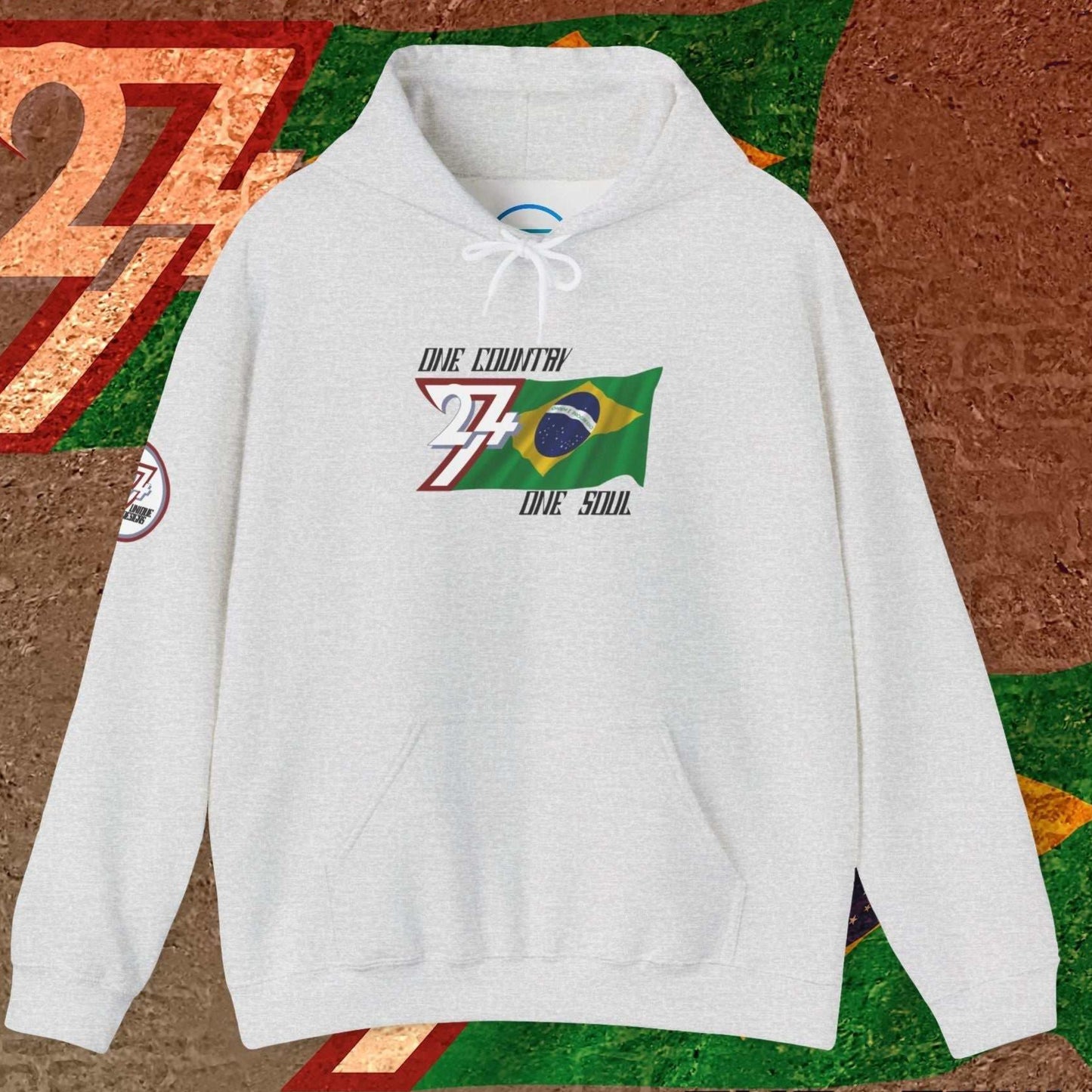 Front perspective of the 60/40 blend Light Heather Gray Brazil flag hoodie with a refined finish.